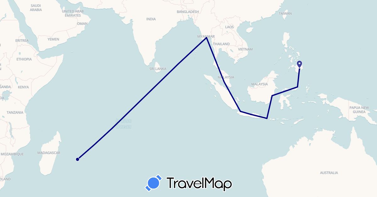 TravelMap itinerary: driving in Indonesia, Myanmar (Burma), Malaysia, Philippines, Réunion (Africa, Asia)